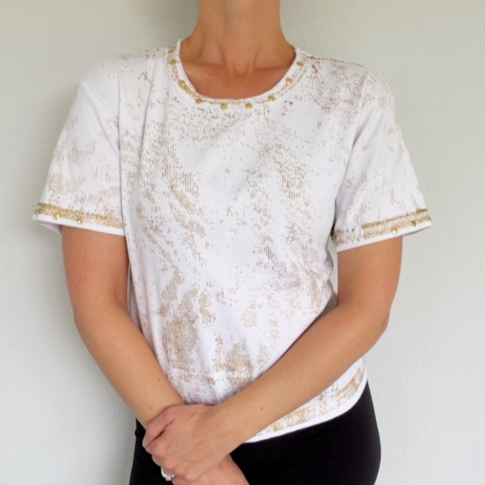 Lisa International white metallic gold abstract print short sleeve tee size XL